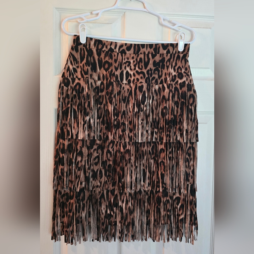 Chico's Leopard Print Fringe Skirt, Size S